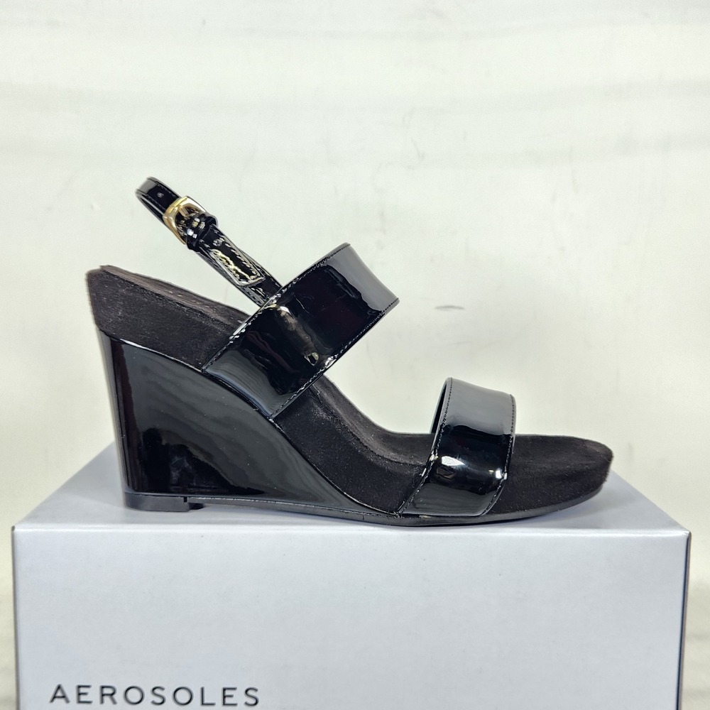 Aerosoles Petra Wedge Sandals Women Size 5.5 Black Patent Slingback Strappy